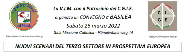 “Nuovi scenari del Terzo settore in prospettiva europea”, il 26 marzo a Basilea incontro organizzato da Valori Italiani nel Mondo con il patrocinio del CGIE