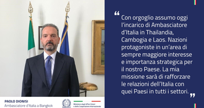 Paolo Dionisi è il nuovo ambasciatore d’Italia in Thailandia