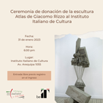 Domani cerimonia di donazione della scultura Atlas di Giacomo Rizzo all’Istituto Italiano di Cultura di Lima