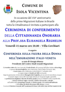 150° anniversario dell’emigrazione italiana in Brasile, Comune  di Isola Vicentina:  Cittadinanza Onoraria a Elisangela Melo Reghelin