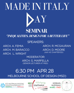 Australia, Istituto Italiano di Cultura di Melbourne: “Disuguaglianze. Design per una vita migliore”, seminario alla Melbourne School of Design (28 aprile)
