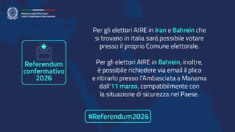 Referendum Giustizia, Farnesina: “Gli elettori AIRE in Iran e Bahrein in Italia potranno votare presso il proprio Comune elettorale, anche senza aver esercitato l’opzione nei termini previsti”