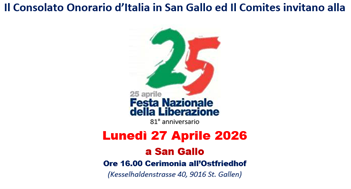 Svizzera, Festa della Liberazione: cerimonie a San Gallo promosse da Consolato Onorario d’Italia e Comites