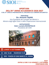 Il 14 settembre a Roma la cerimonia di apertura dell’81° anno accademico 2026-2027 della SIOI e del 57° Corso di Preparazione al Concorso alla Carriera Diplomatica